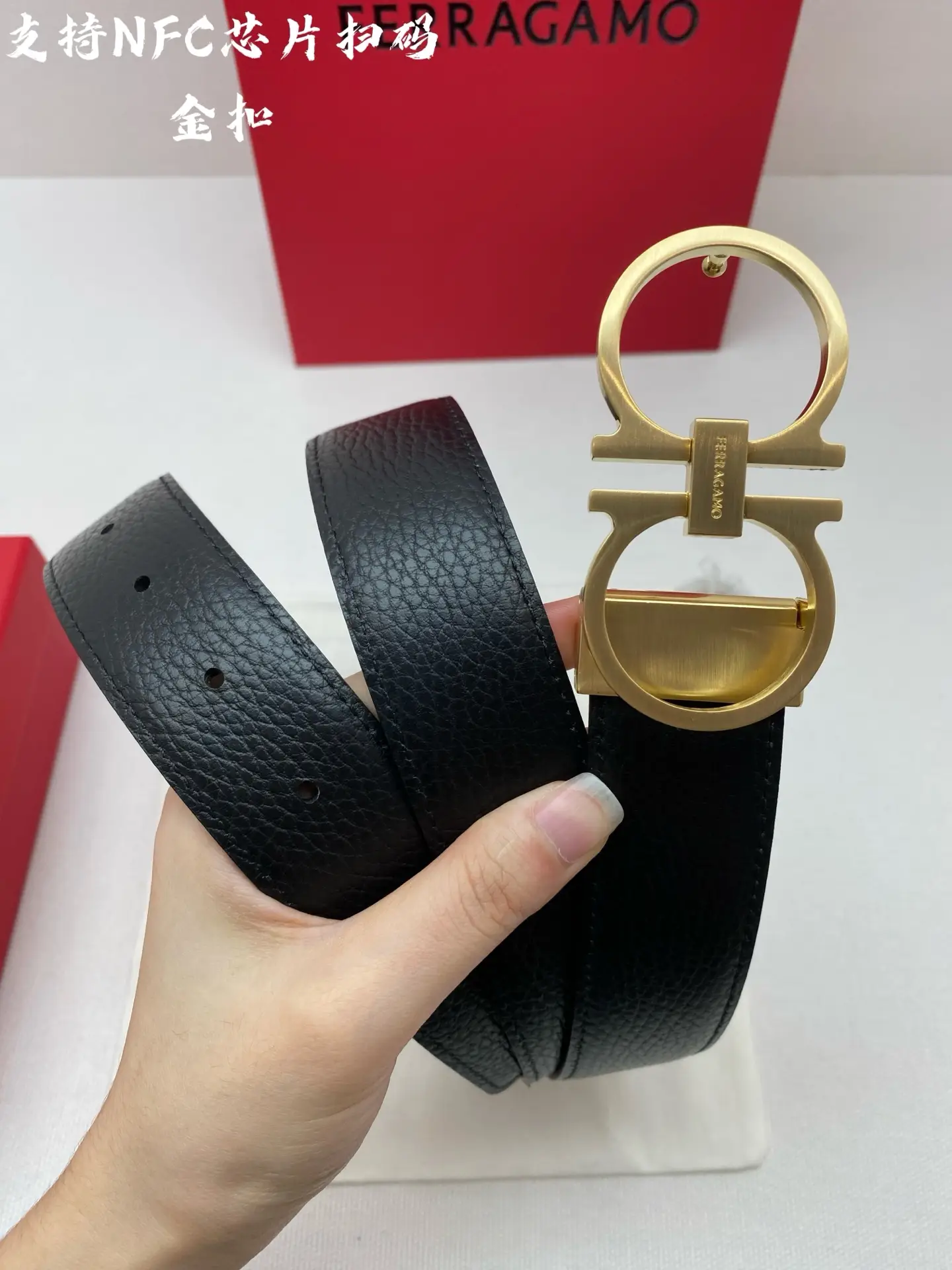 Ferragamo belt black grained leather gold metal signature buckle accessory
