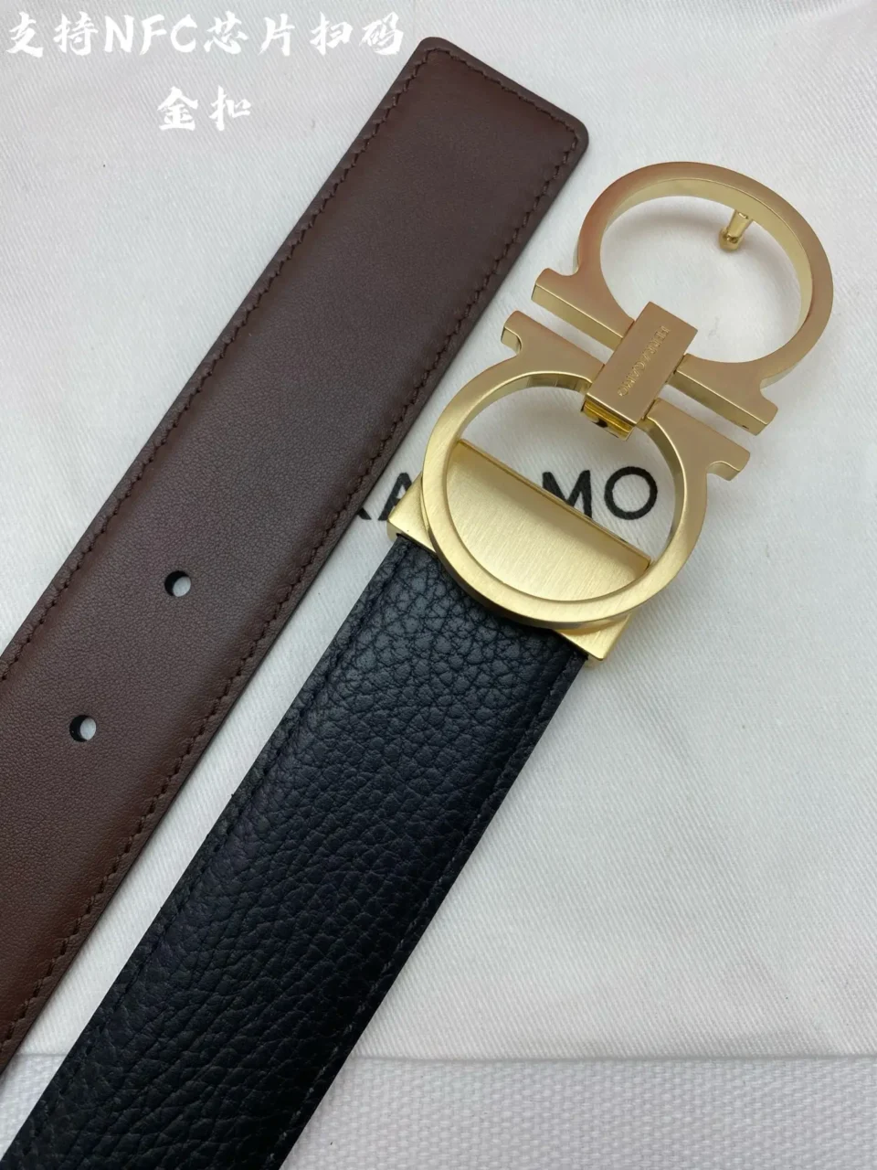 Ferragamo belt gold buckle black pebbled leather brown smooth leather reversible strap