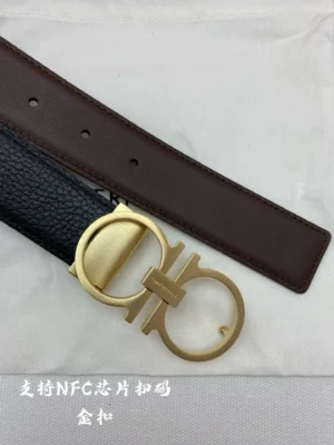 Ferragamo belt brown and black leather strap gold-tone double G buckle accessory