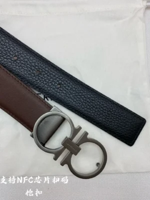 Ferragamo belt reversible black brown leather matte silver double G buckle accessory