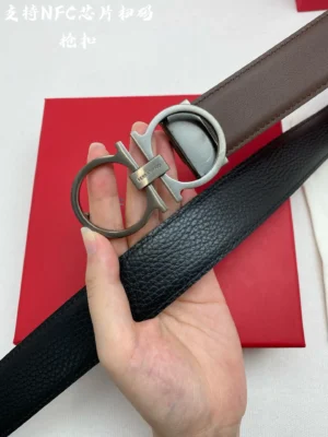 Ferragamo belt reversible black brown leather with silver double Gancini buckle accessory