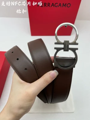 Ferragamo belt brown leather silver-tone double G buckle accessory