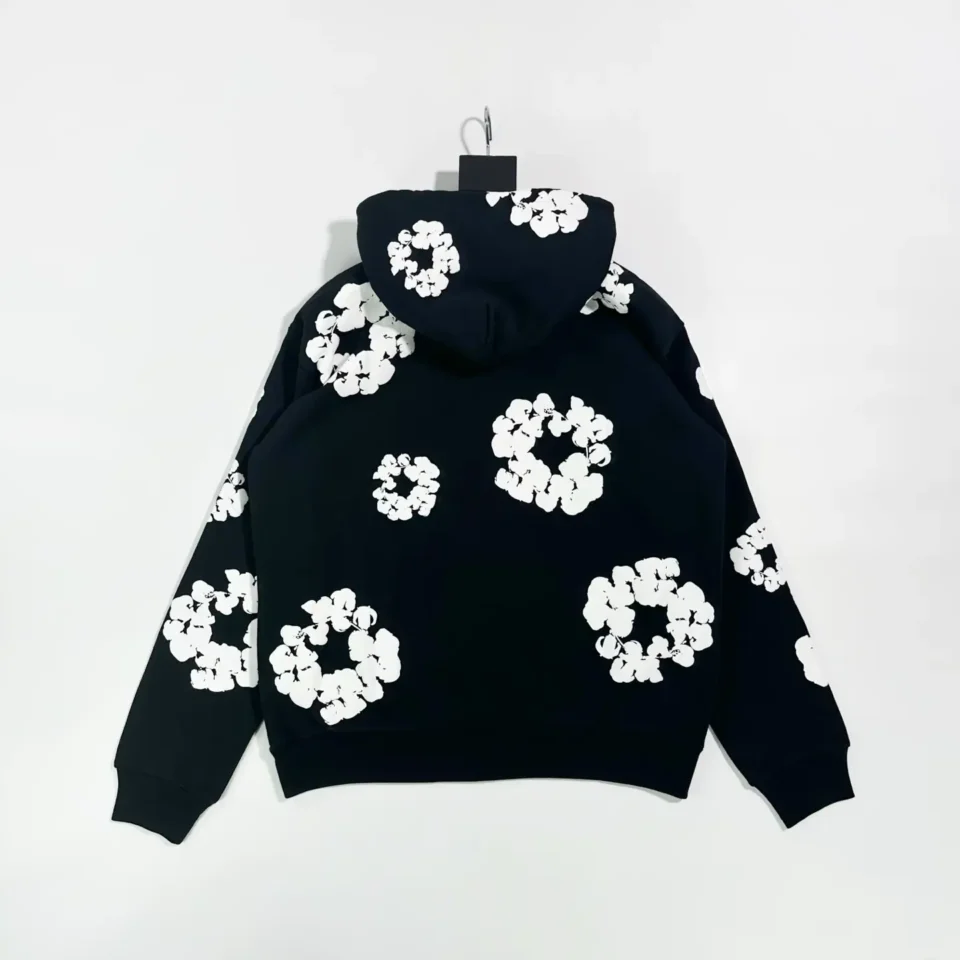Unknown brand hoodie black color with large white floral pattern cotton material