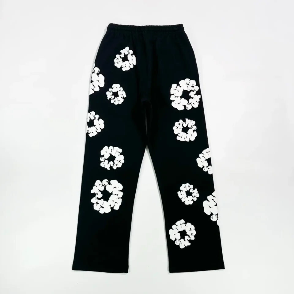 Repsgoat sweatpants black cotton white floral print elastic waistband casual pants