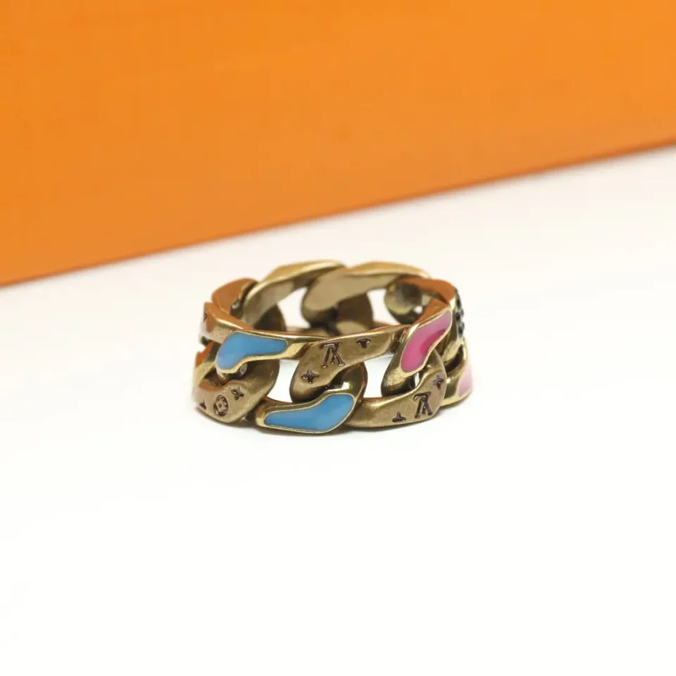 Louis Vuitton chain link ring multicolor brass accessory with engraved logo and enamel details