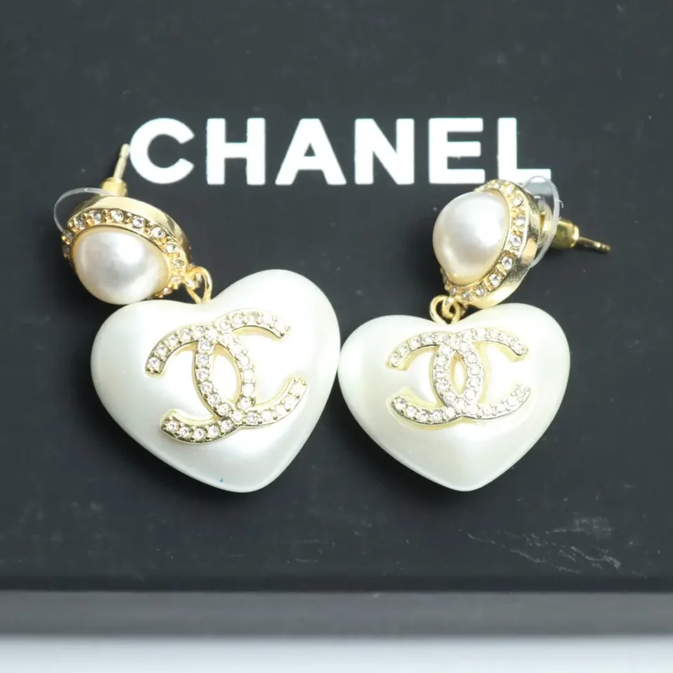 Chanel heart earrings white pearl gold tone metal rhinestone double C logo studs