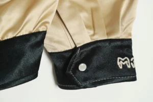 M3 satin jacket beige black colorblock button cuff embroidery detail