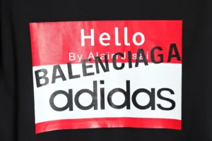 Balenciaga logo t-shirt black cotton with red and white graphic print featuring Adidas collaboration text