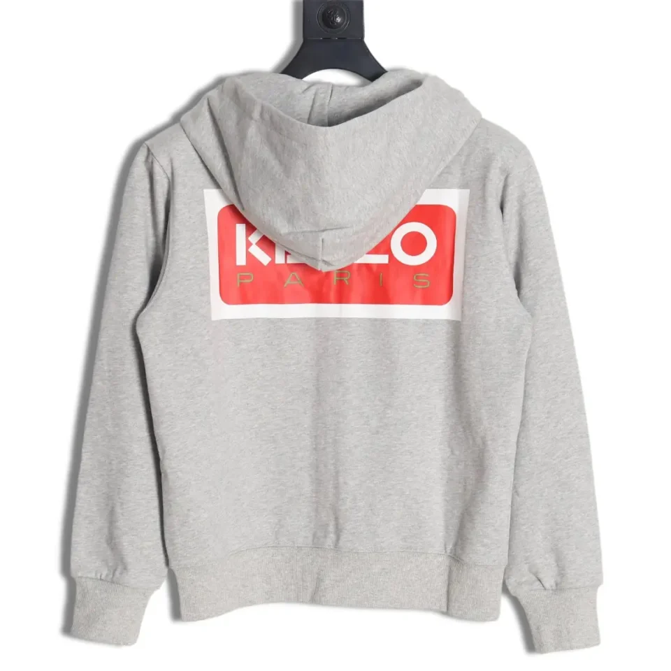 Kenzo Paris hoodie grey cotton sweatshirt with red white logo print on back