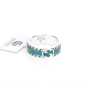 Gucci 925 Sterling Silver Double G Ring with turquoise enamel band and logo tag, featured as a luxury jewelry replica on RepsGoat.