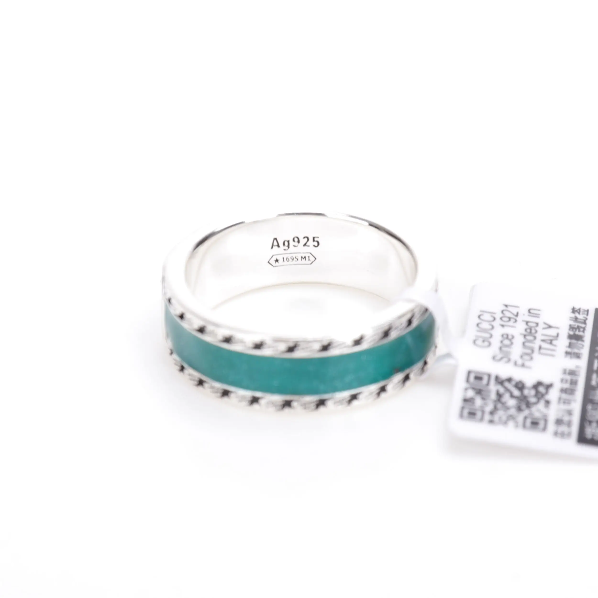 Gucci 925 Sterling Silver Double G Ring with turquoise inlay and tag, showcasing luxury replica jewelry.