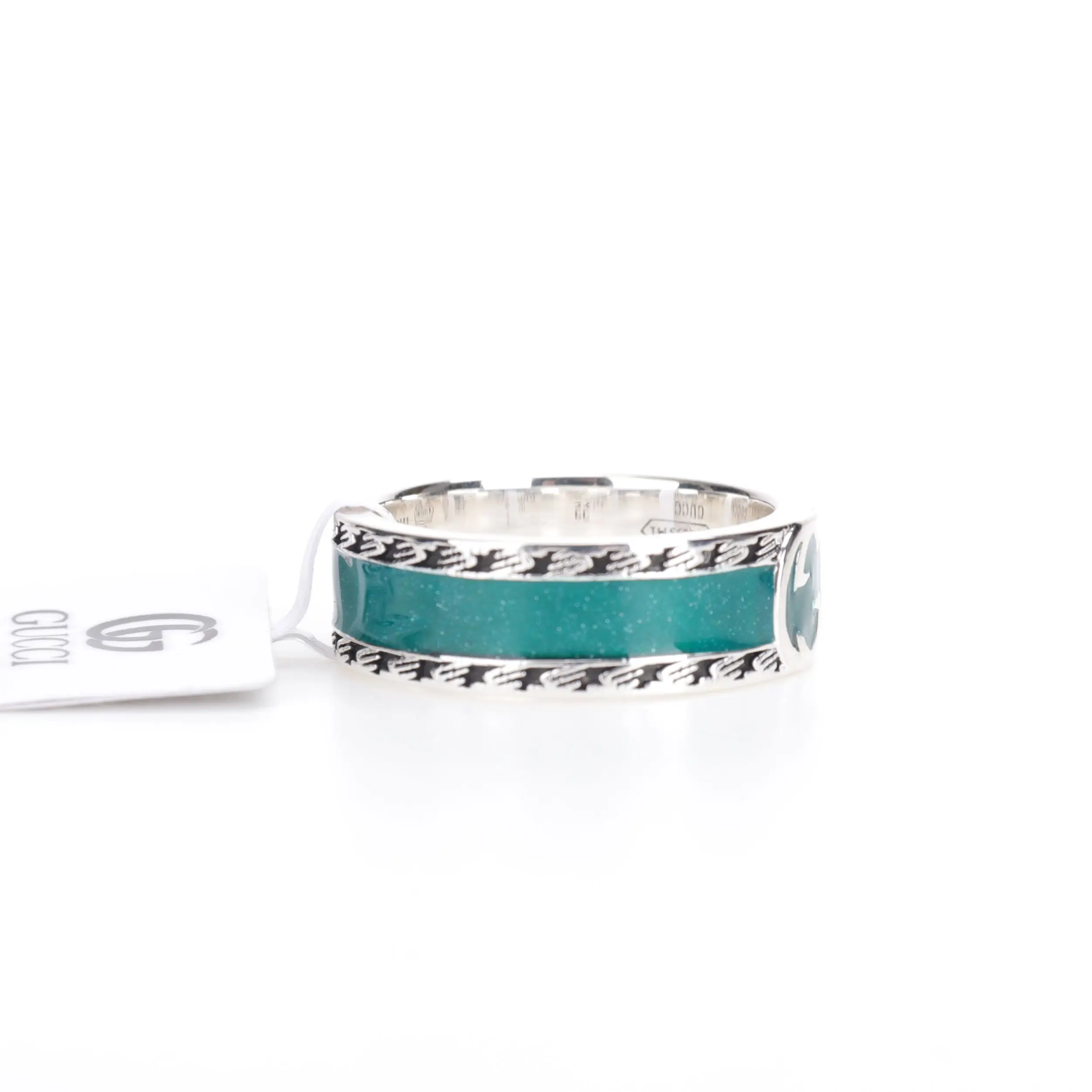 Gucci 925 Sterling Silver Double G Ring with turquoise inlay and detailed band design, showcasing luxury jewelry replica.