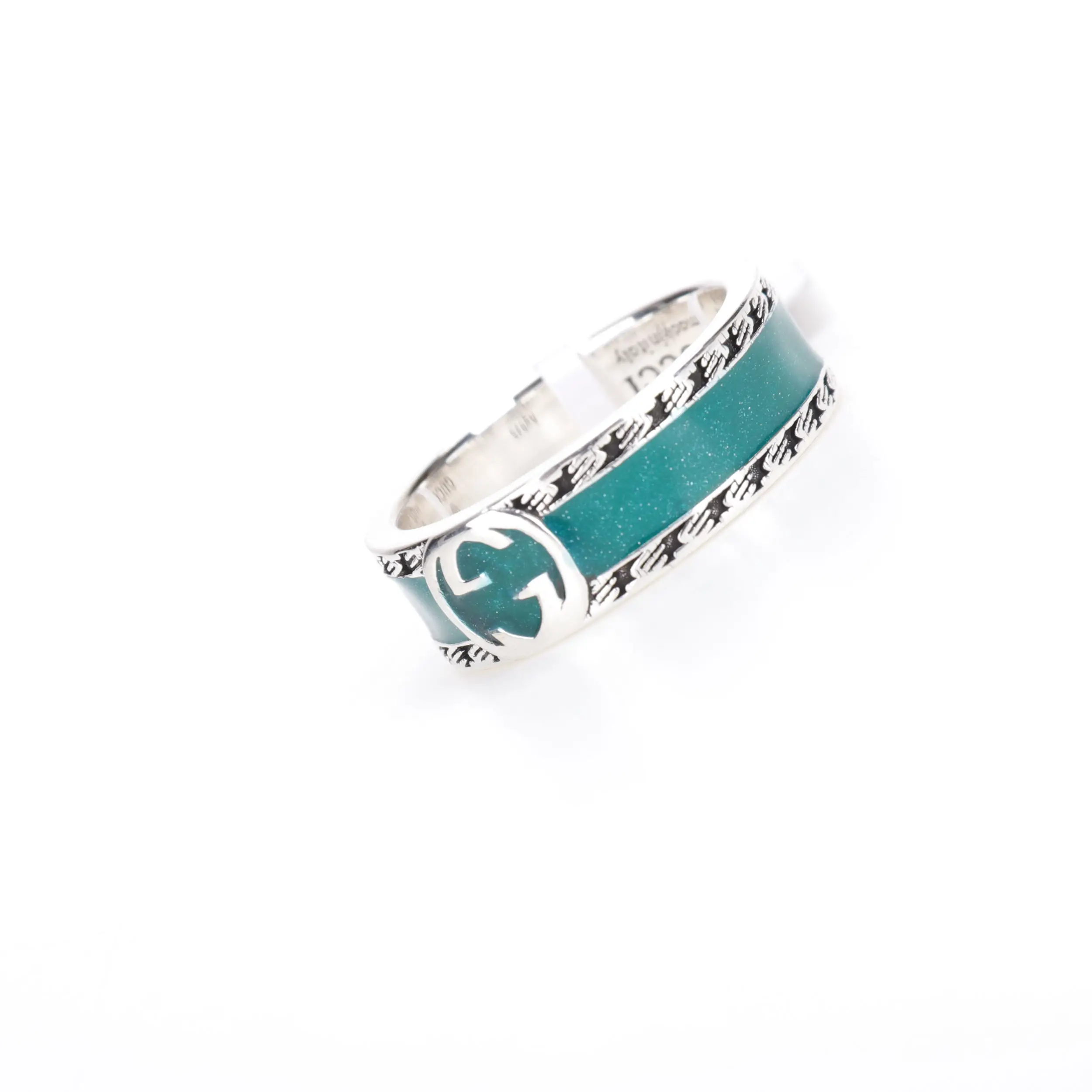 Gucci 925 Sterling Silver Double G Ring with green enamel and intricate detailing, showcasing luxury replica jewelry.