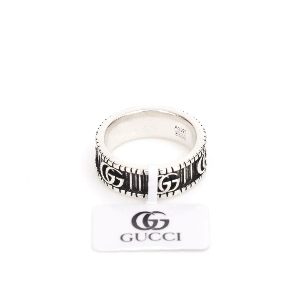 Gucci ring silver Ag 925 sterling silver with black engraved double G logo band accessory