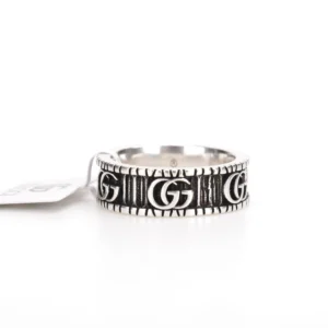 Gucci Double G silver ring featuring engraved logo design, available for purchase at $69.00.