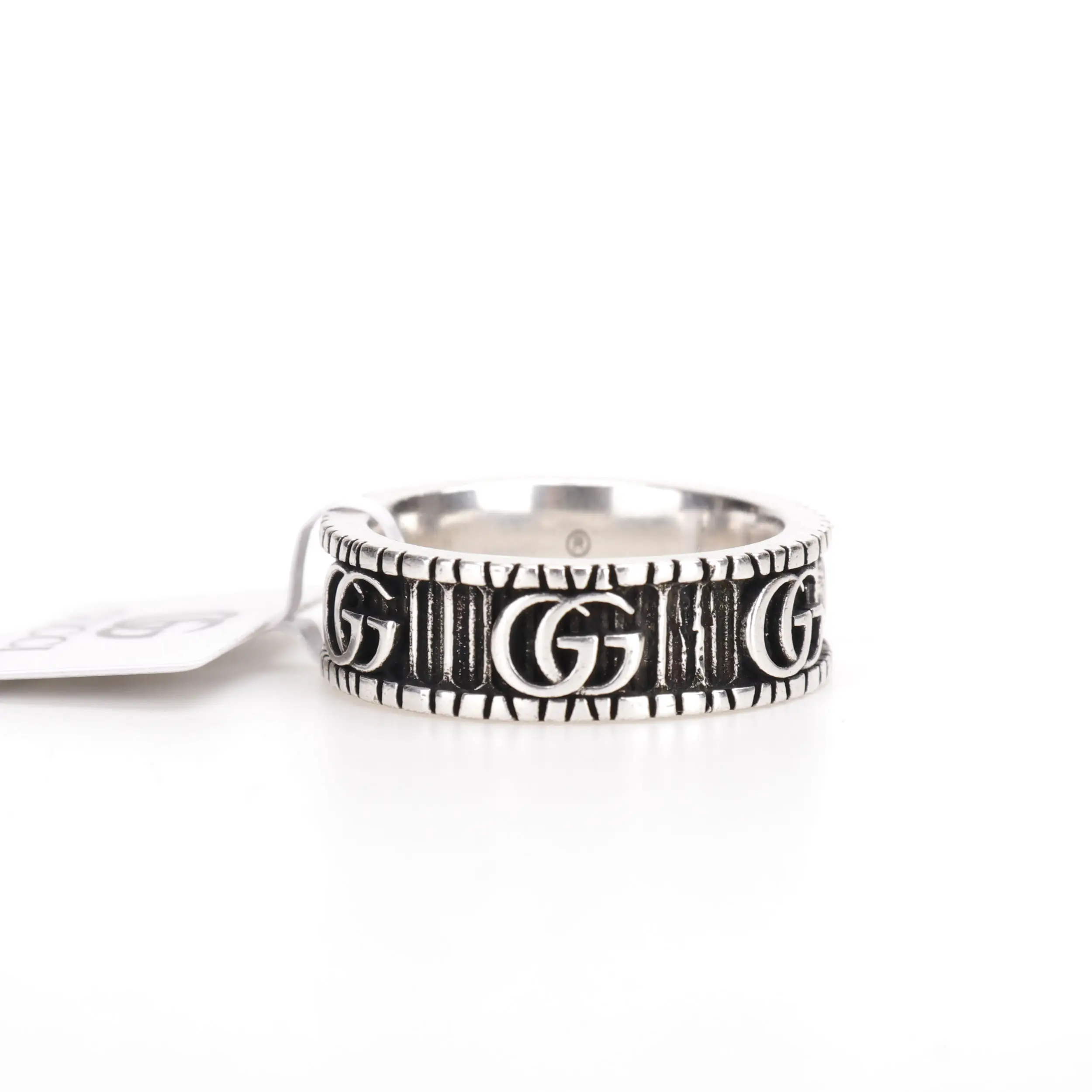 Gucci Double G silver ring featuring engraved logo and textured band, available for purchase as a replica item.