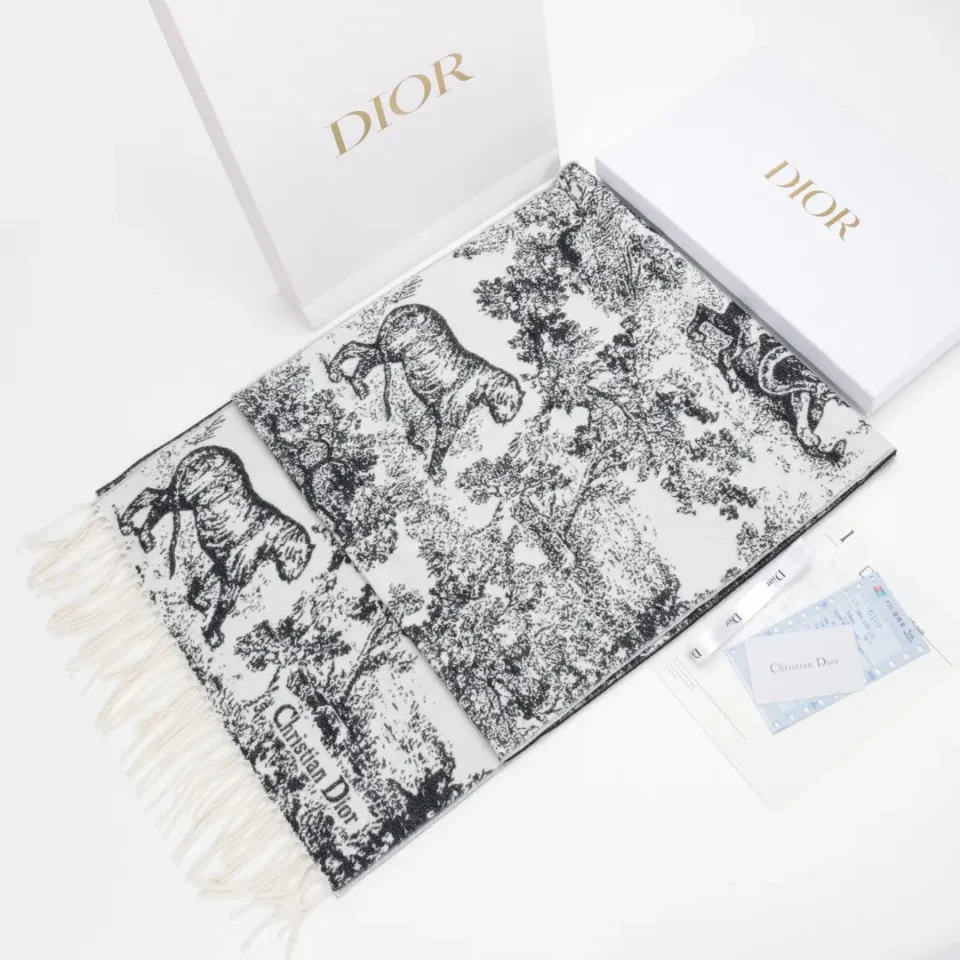 Dior Toile de Jouy scarf black and white wool silk blend with fringed edges and horse print design