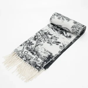 Dior Sauvage Zoo Tassel Long Wool Scarf in black and white, featuring intricate tree patterns and fringed edges, showcasing luxury design and craftsmanship.