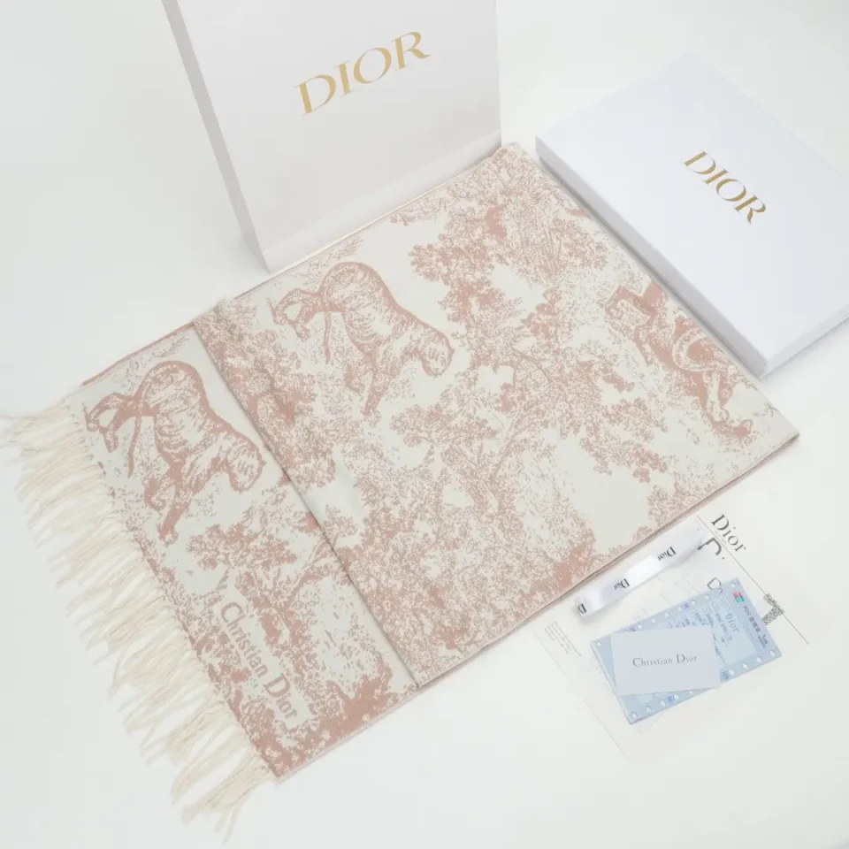 Dior scarf beige and white wool blend with animal and nature print fringe edges accessory