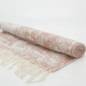 Christian Dior scarf beige white wool blend with fringe detail and toile de Jouy print