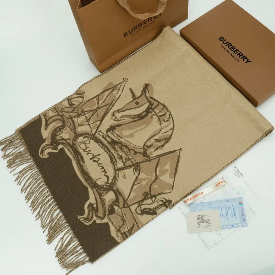 Burberry scarf beige brown wool blend fabric with knight and flag design and fringed edges