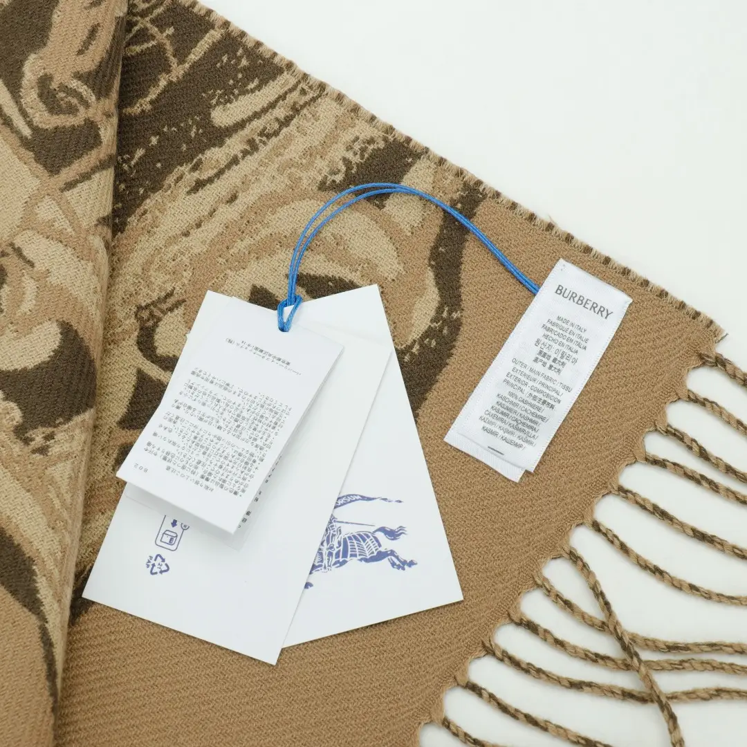 Burberry scarf beige brown cashmere blend with fringed edges and brand tags attached