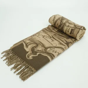 Burberry scarf beige brown wool blend with intricate script pattern and fringed edges accessory