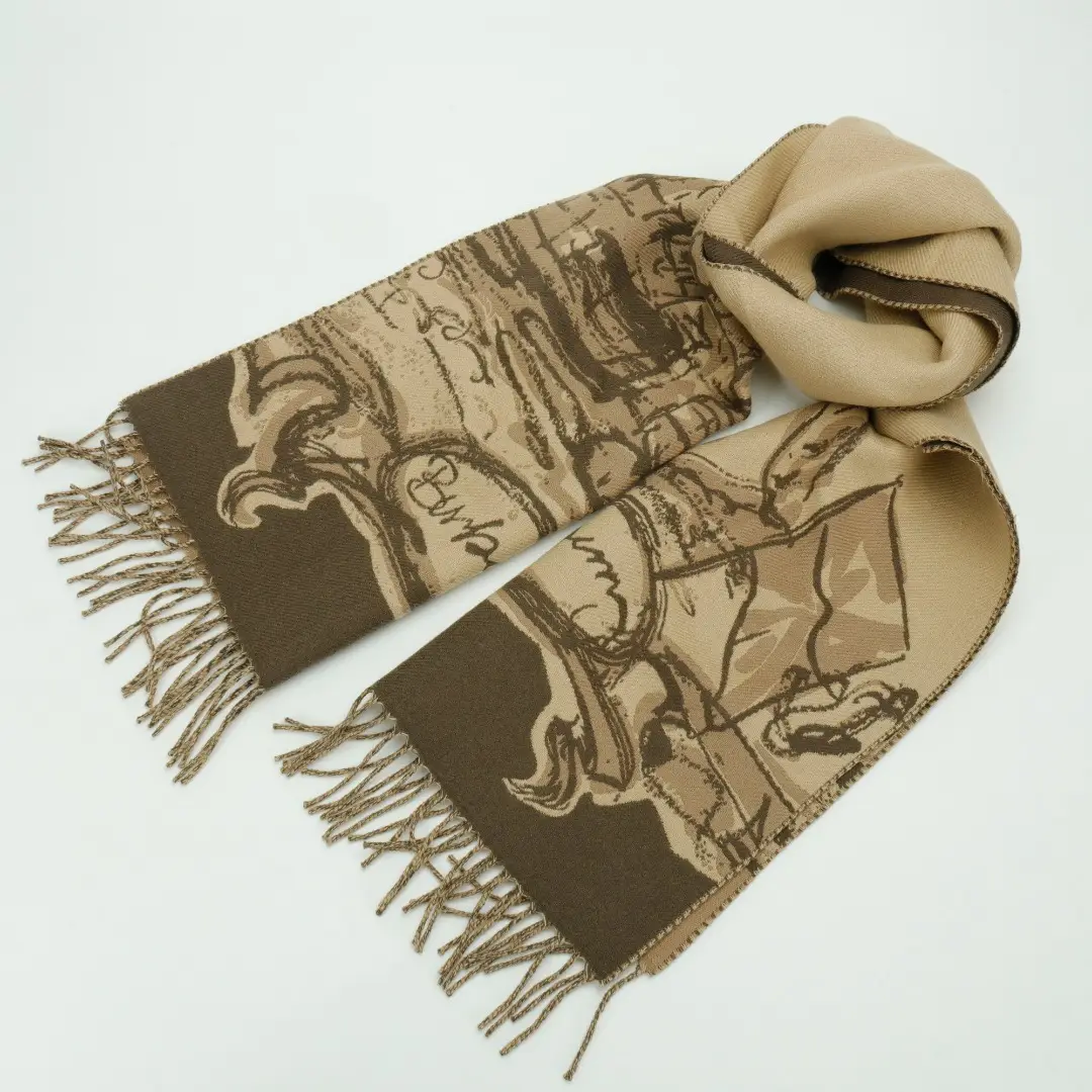 Hermes scarf beige brown wool silk blend with artistic pattern and fringed edges accessory