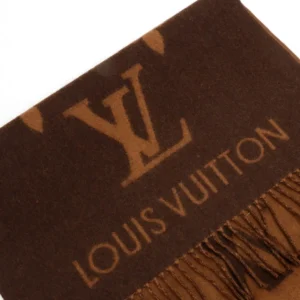 Louis Vuitton Printed Cashmere Fringe Scarf featuring iconic LV logo and luxurious design, perfect for winter accessories.