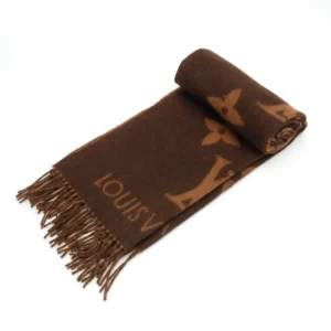 Louis Vuitton Printed Cashmere Fringe Scarf in brown, featuring iconic logo pattern and fringe detailing, ideal luxury winter accessory.