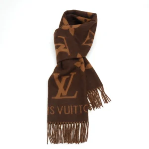 Louis Vuitton Printed Cashmere Fringe Scarf in brown with logo pattern, luxury winter accessory, 45cm x 190cm size.