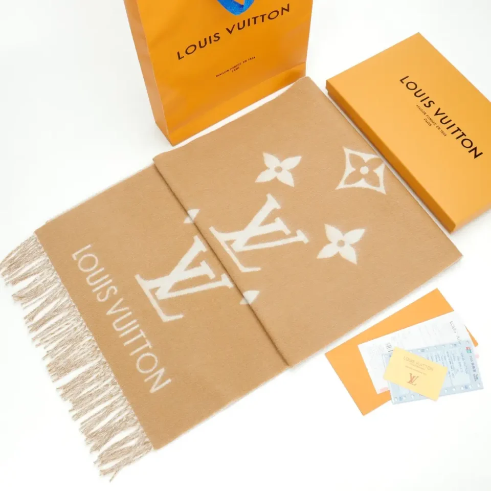 Louis Vuitton Monogram scarf beige wool with fringed edges and white LV logo pattern