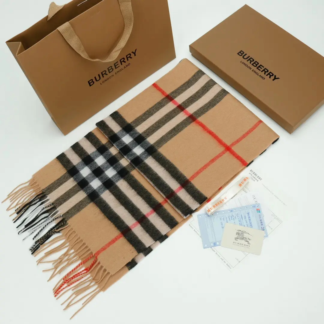 Burberry scarf classic check beige black red wool accessory with branded box and shopping bag