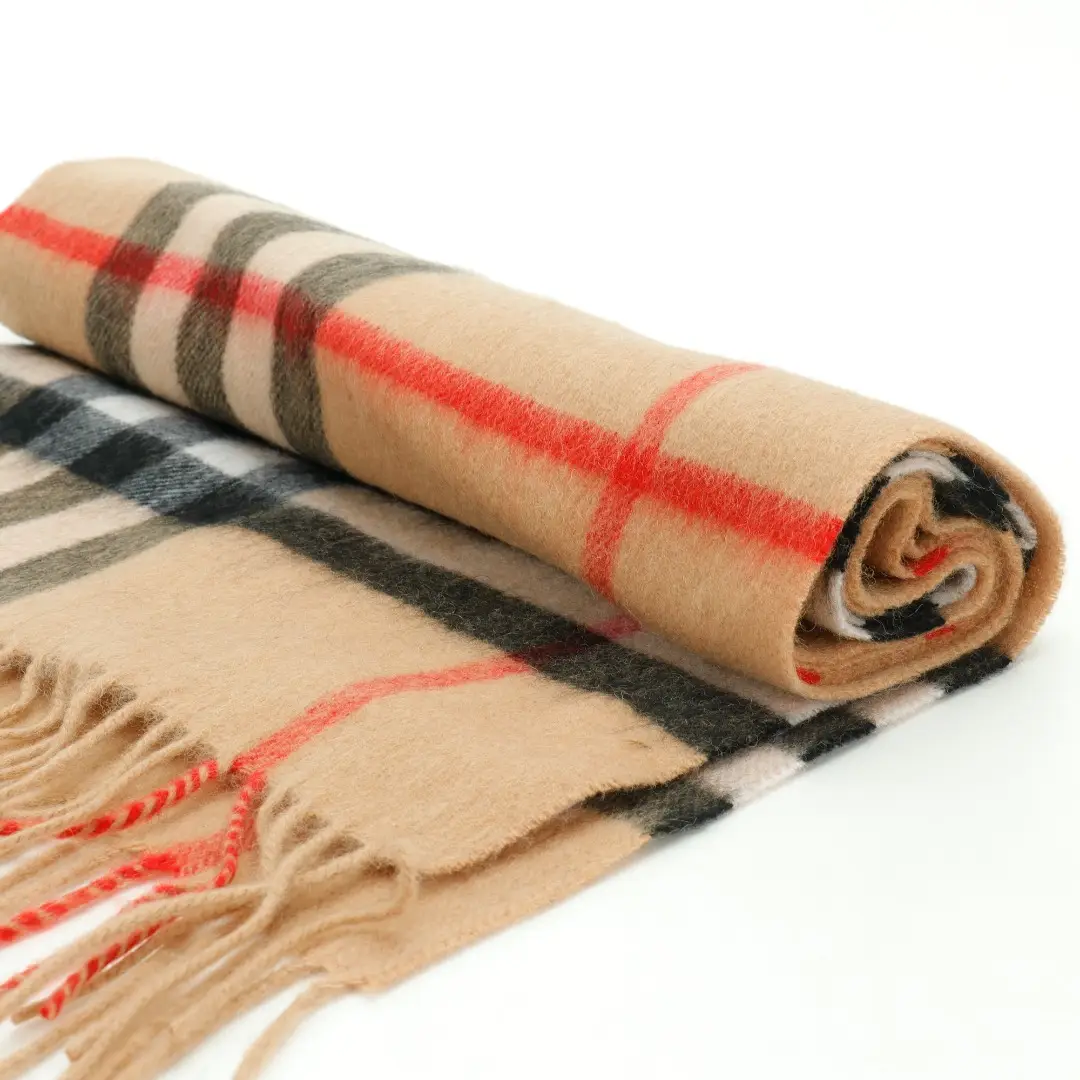 Burberry scarf beige black red plaid wool cashmere blend with fringe detailing accessory