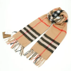 Burberry scarf beige black white red classic check wool accessory with fringe edges