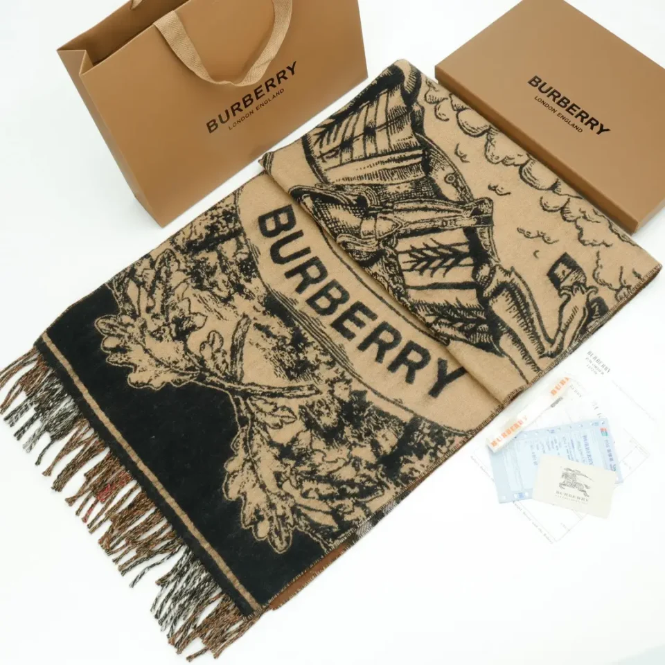 Burberry wool scarf beige black graphic pattern fringe edges luxury accessory with branded packaging and authenticity cards