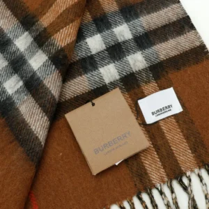 Burberry scarf brown black beige check wool blend material with fringed ends accessory
