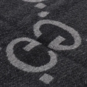 Gucci Big GG Double-Sided Jacquard Long Scarf featuring iconic GG logo pattern on luxurious wool fabric.