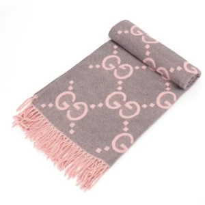 Gucci Big GG Double-Sided Jacquard Long Scarf in gray and pink with fringe, featuring iconic GG logo pattern, ideal for winter fashion accessories.