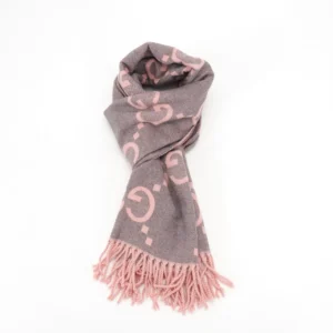Gucci Big GG Double-Sided Jacquard Long Scarf in gray and pink, featuring logo pattern and fringed edges, ideal for winter fashion accessories.