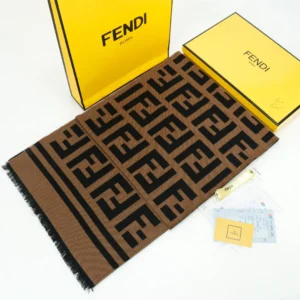 Fendi scarf brown black wool blend with FF logo pattern and fringed edges