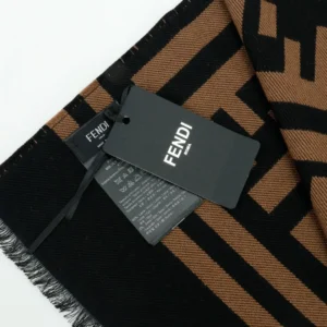 Fendi scarf brown black wool silk blend fabric with brand tag and care label