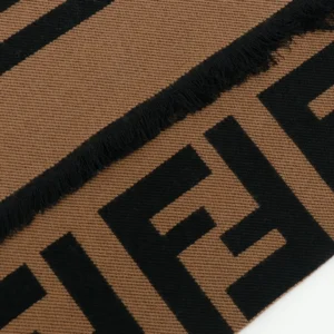 Fendi scarf brown black wool fabric with fringed edges and bold logo pattern