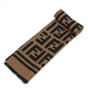 Fendi scarf brown black wool blend with FF logo pattern and fringed edges accessory