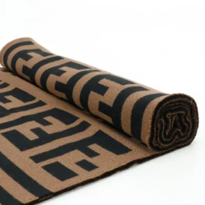 Fendi scarf brown black wool blend with bold logo pattern rolled display
