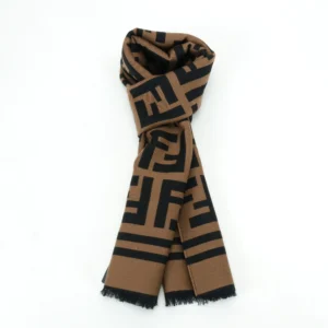 Fendi scarf brown black wool blend fabric with fringed edges and oversized FF logo pattern