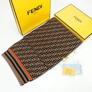 Fendi scarf brown black wool with FF logo pattern and orange striped edge accessory
