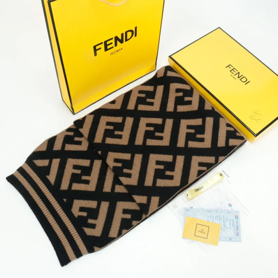 Fendi scarf brown black wool blend with FF logo pattern and ribbed edges with branded yellow box and shopping bag