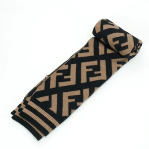 Fendi FF logo scarf brown black wool knit accessory with striped edge detail