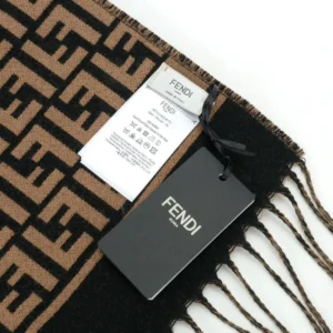 Fendi FD Old Flower Small FF Tassel Long Scarf featuring a knitted full print pattern, care label, and branded tag, showcasing quality cashmere and wool material.